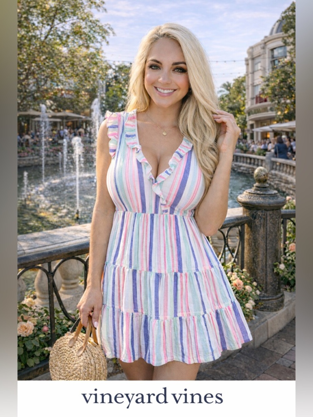 Vineyard Vines Pastel Striped Ruffle V-Neck Mini Dress